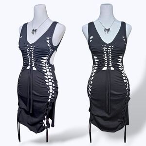 AKIRA Katana Cutout Details Mini Dress Large Backless Tie Strap Bodycon